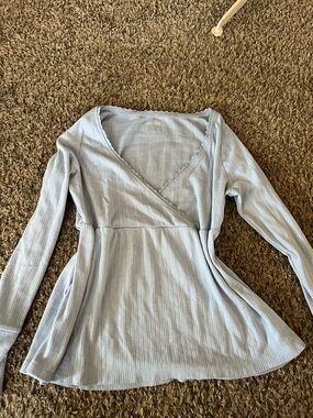 Hollister Pale Blue Ribbed Lace-Trim Top